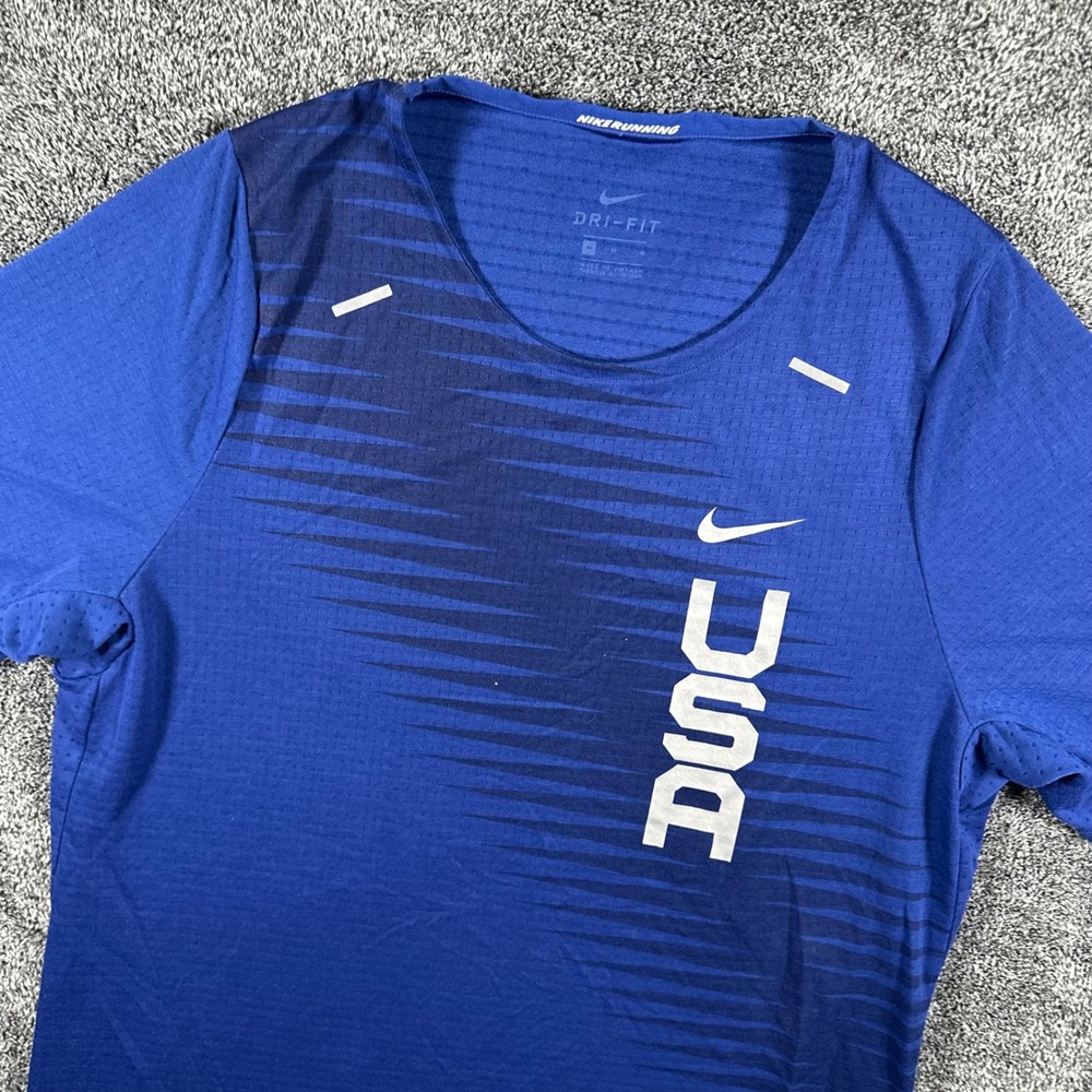 USA Nike T-Shirt Mens M Blue Dri-FIT Running Track Field Graphic Tee CV0408-455